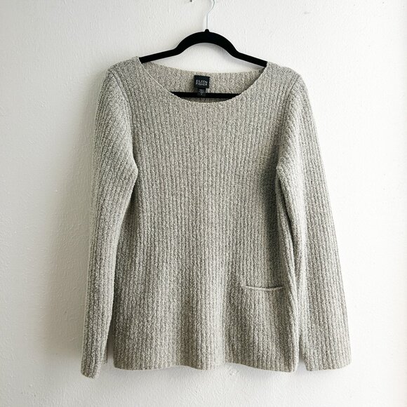 EILEEN FISHER Bouclé Wool/Nylon Pullover Pocket Sweater in Oatmeal Heather - Picture 6 of 7